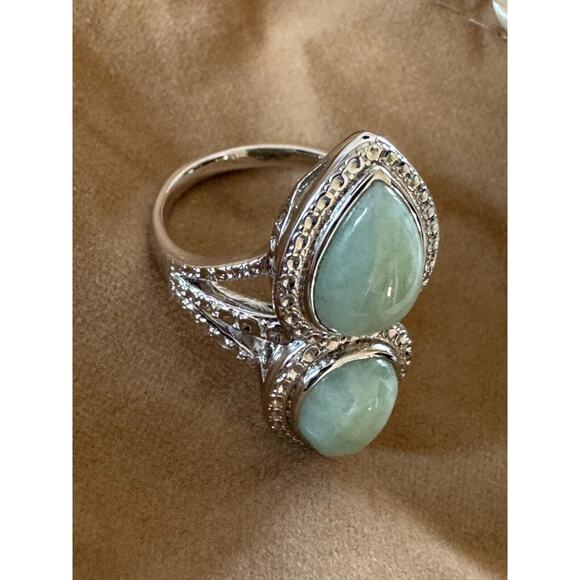 QVC Sterling Silver Double Pear Shaped Green Stone Elongated Jade Ring Sz 8.5 9 - Picture 8 of 10